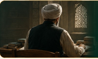 Respectful generic Islamic scholar seen from the back